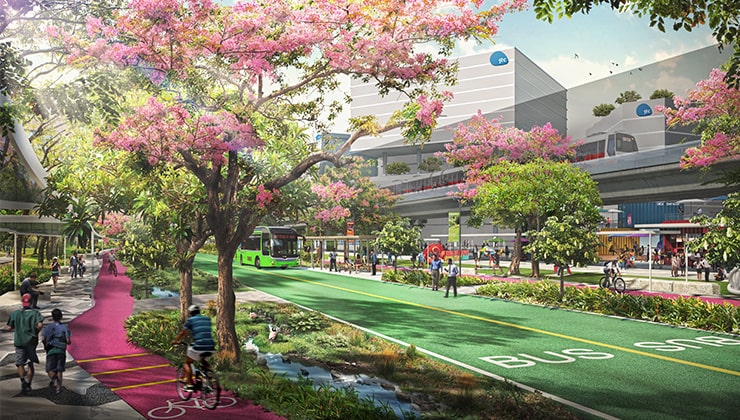 Artist’s impression of people commuting along the mobility corridor in Sungei Kadut Eco-District (SKED)