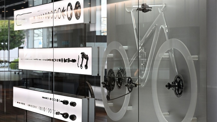 Shimano bicycle components are exhibited in the Manufacturing Technology Center at its headquarters in Sakai