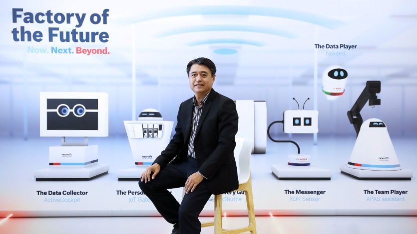 Mr Raymond Toh, General Manager of Bosch Rexroth, poses in front of a large wall displaying his company’s i4.0 technologies