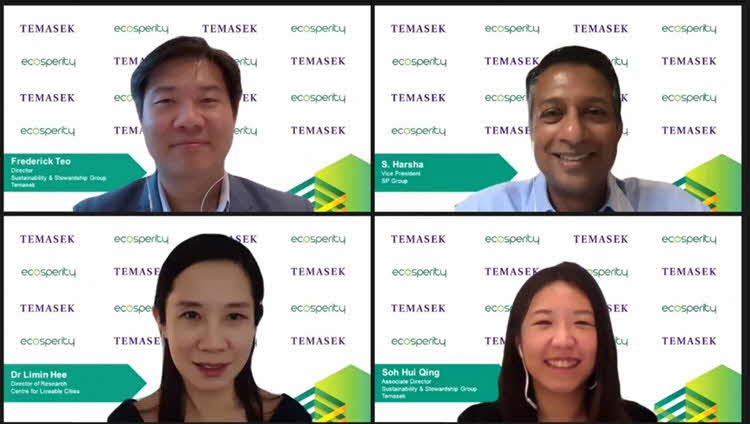 Webinar Speakers and Moderators (clockwise from top right): S. Harsha (Vice President, SP Group), Soh Hui Qing (Associate Director, Sustainability & Stewardship Group, Temasek), Dr Limin Hee (Director of Research, Centre for Liveable Cities), Frederick Teo (Director, Sustainability & Stewardship Group, Temasek) Source: Temasek