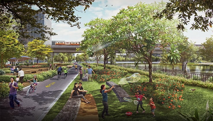 Artist’s impression of people playing and relaxing by a picturesque canal